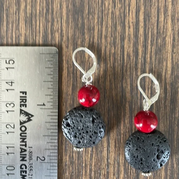 HAND CRAFTED LAVA ROCK EARRINGS Black Lava Rock “Coins” Red Glass Beads - Picture 3 of 12